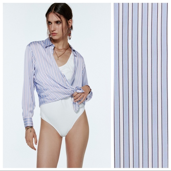 NWT. Zara Blue/White Stiped Satin Effect Blouse/Shirt. Size S. - Picture 2 of 11